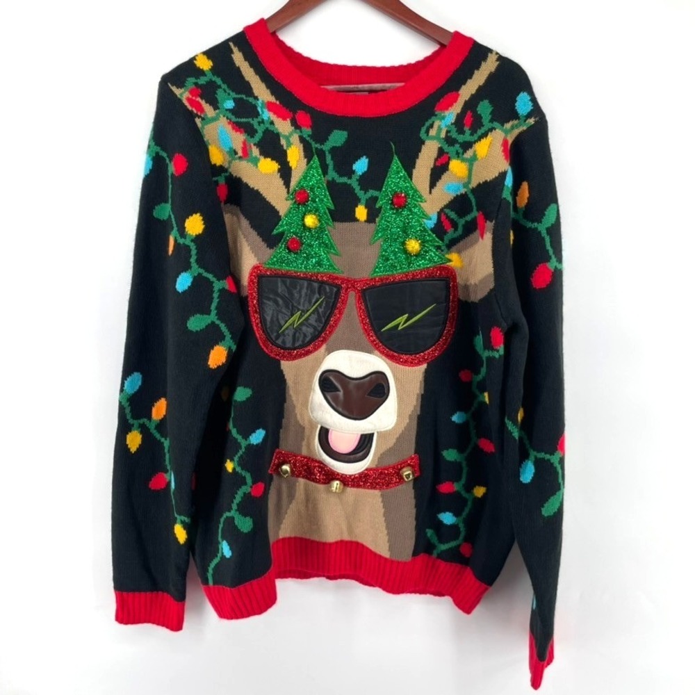 Holiday Time Reindeer Ugly Christmas Sweater Mens L Party Fun All Over Print NEW